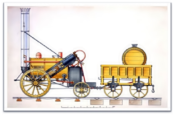Desain dari Lokomotif uap Rocket yang dikembangkan oleh George Stephenson dan anaknya Robert Stephenson 
https://www.railwaymuseum.org.uk/objects-and-stories/stephensons-rocket-rainhill-and-rise-locomotive
